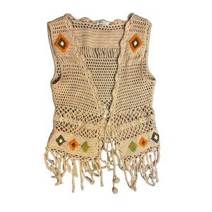 Valleygirl Womens Crochet Vest Size L Beige Fringe Boho Southwest Festival